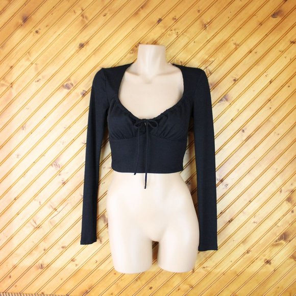 NWT Aeropostale Ribbed Crop Top Small Scoop Neck Long Sleeve Tie Up Ballet CA183 - Picture 2 of 7